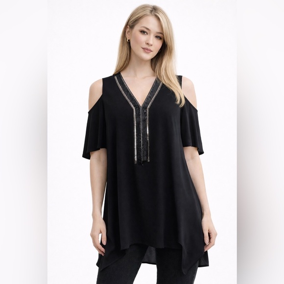Frank Lyman Design Tops - Frank Lyman Cold Shoulder Embellished Tunic Black Made in Canada Size L